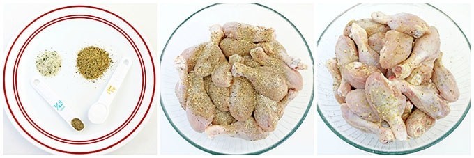Measure out the seasonings, mix them together, and sprinkle them over the drumsticks. 
