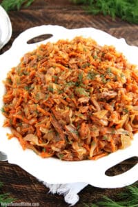 This Braised Cabbage with Beef is a very easy recipe to make but tastes so scrumptious and satisfying. It was a popular dish in Ukraine, as I was growing up. We had it pretty often during cabbage season and enjoyed it.