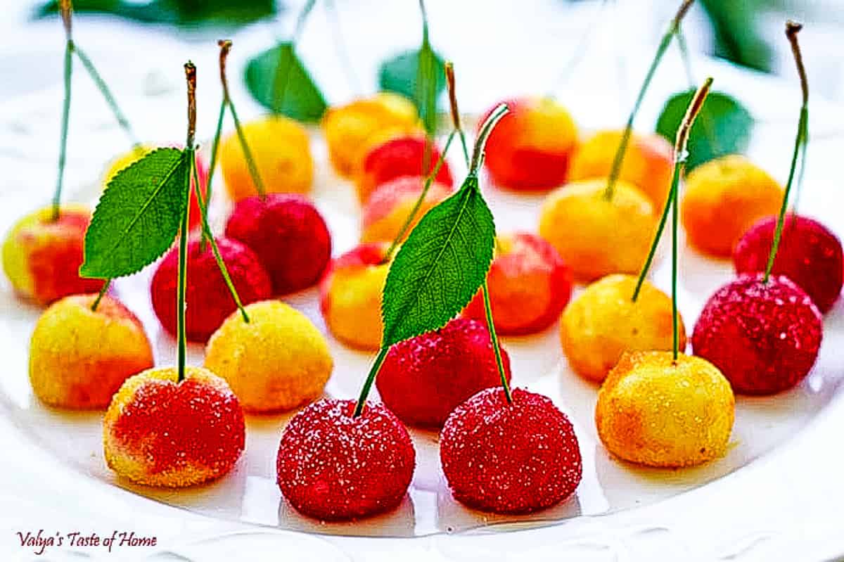 Candied cherries are typically cherries that have been cooked in a high fructose corn syrup until they become candied and shiny. 