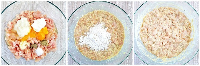 Stir everything together, then add flour and mix it again. The mixture should thicken a little after adding the flour.