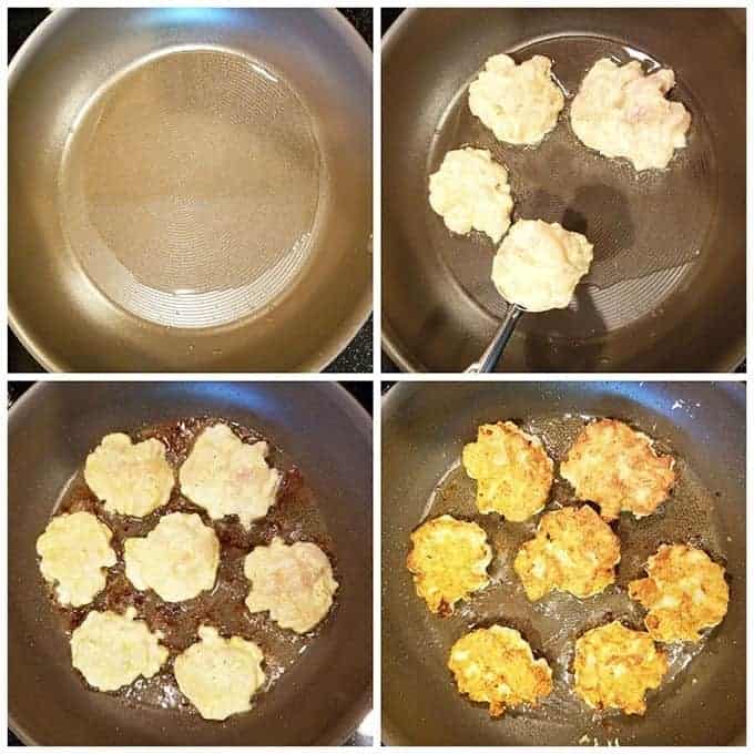 Saute fritters for 5 minutes on each side. I prefer sautéing a tad longer on a lower temp to ensure the meat is well done. Then flip the fritters over and saute for 5 more minutes.