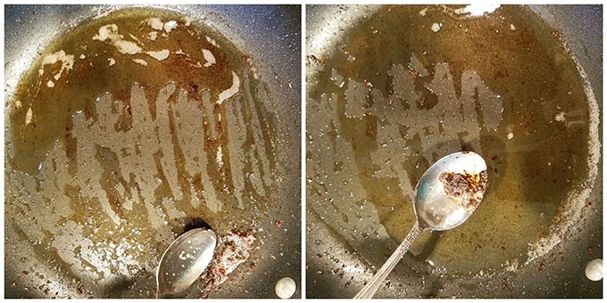 To get rid of those burnt crumbs, carefully move them to one side of the pan while tilting the pan a little so the oil runs down to the opposite side of the pan, then remove excess crumbs onto a side (waste) dish.