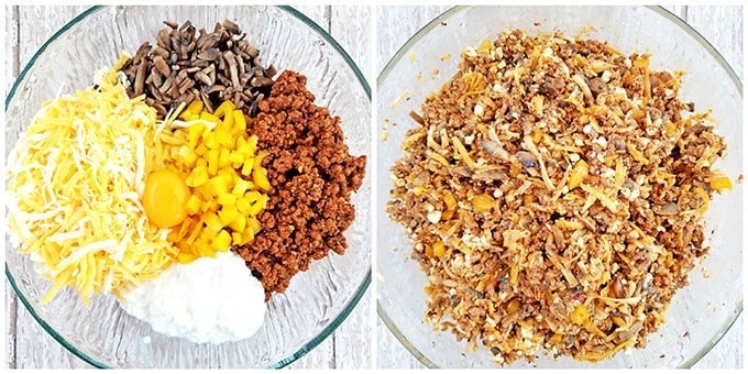 Combine the sautéed and cooled beef, sautéed and cooled mushrooms, diced yellow pepper, cottage cheese, egg, and half of the shredded cheese mixture in a large bowl.