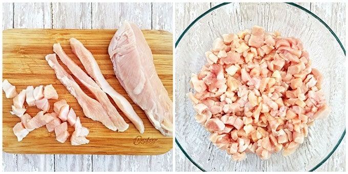 cut the chicken into tiny cubes, about ¼”. Place chicken cubes into a large mixing bowl for easier mixing