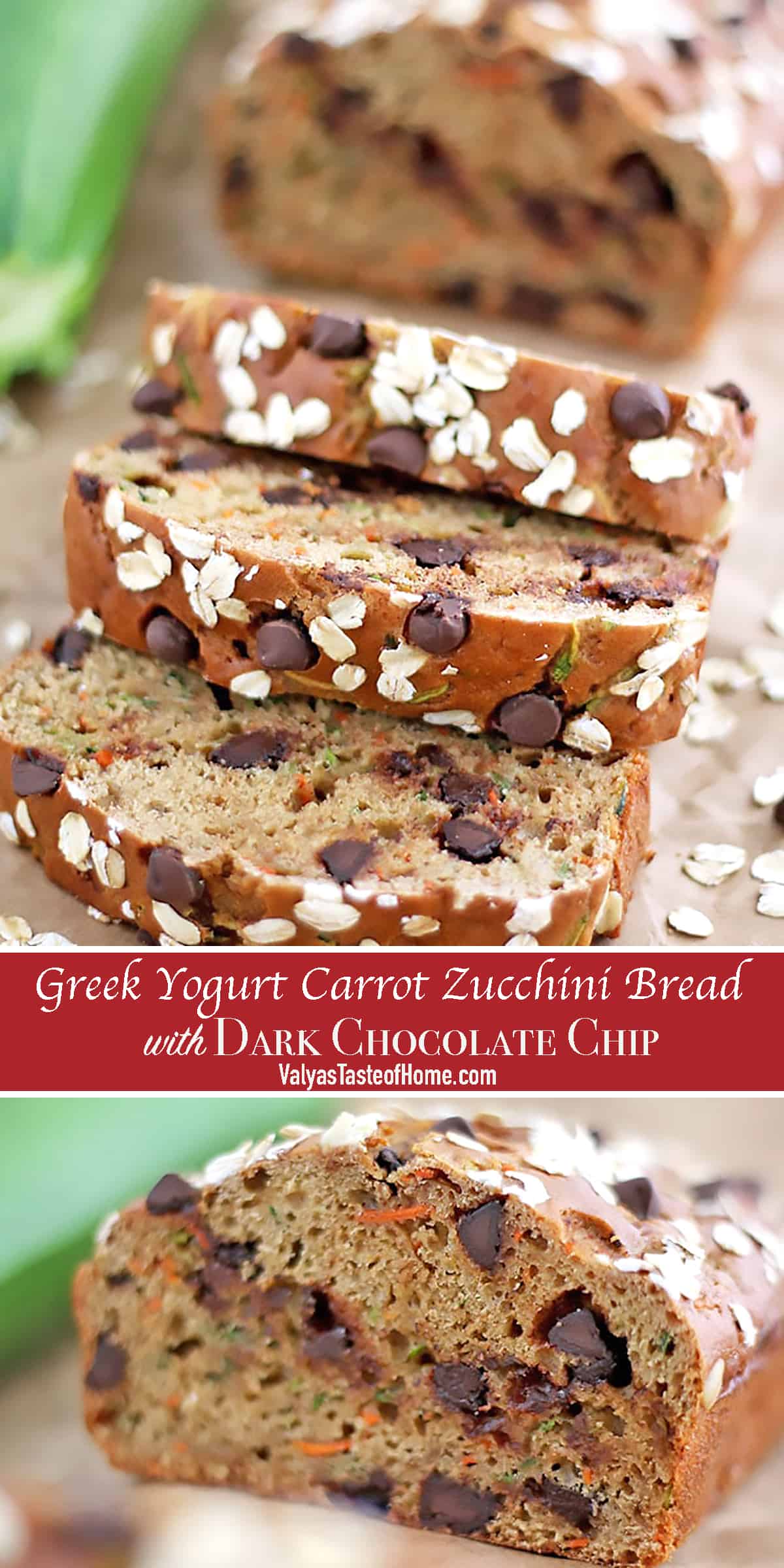 We are overloaded with carrots and zucchini in my garden this year. So, I thought I'd play with them and create some recipes. I literally tossed all ingredients together in just a few minutes is how this Greek Yogurt Carrot Zucchini Bread with Dark Chocolate Chip was created.