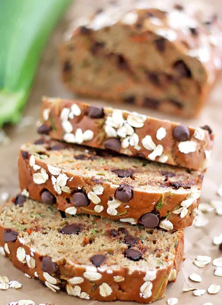We are overloaded with carrots and zucchini in my garden this year. So, I thought I'd play with them and create some recipes. I literally tossed all ingredients together in just a few minutes is how this Greek Yogurt Carrot Zucchini Bread with Dark Chocolate Chip was created.