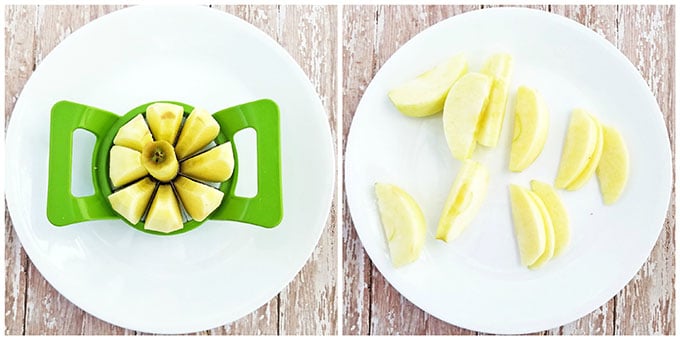 Rinse, peel, and slice apples. I cut these slices in half once more, with a knife.