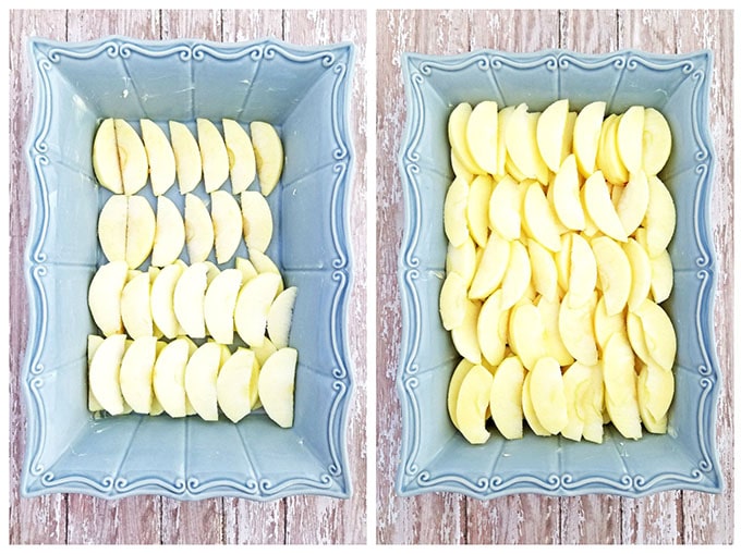 Lay out all the apple slices into an oven-safe baking dish or pan however you prefer.