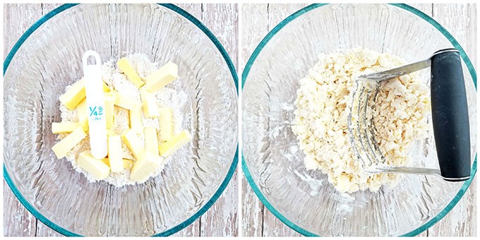 Cut butter into small strips, add salt and mash together with a butter masher until it has a crumbly consistency. 