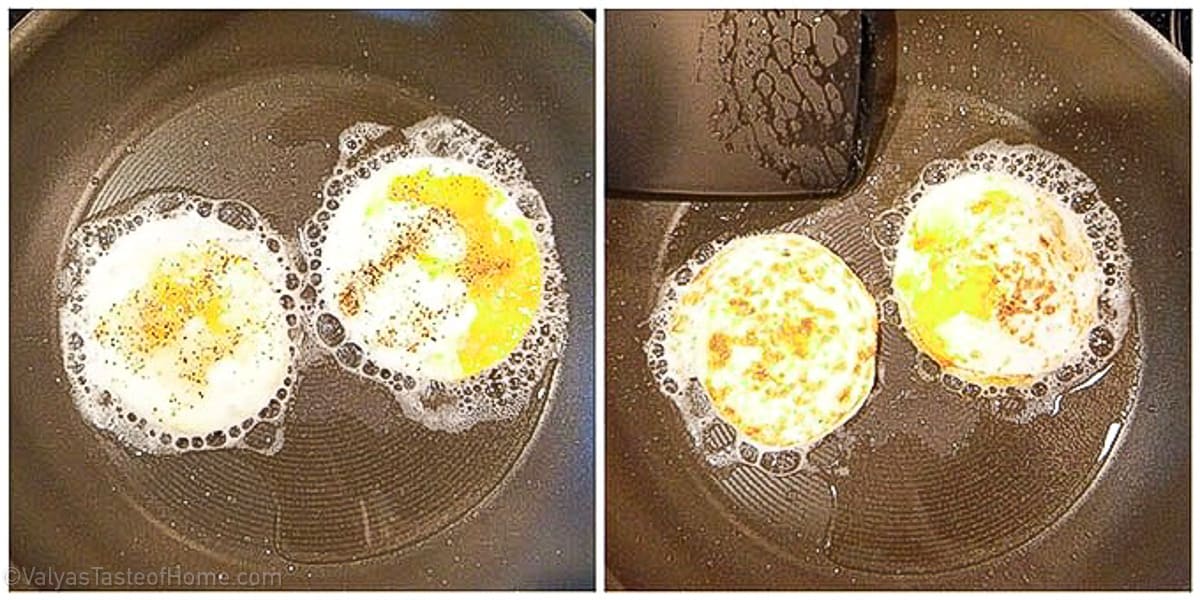 Let the eggs fry for an additional 3 minutes on the second side. While the eggs finish cooking, place them on a paper towel to absorb any excess oil.