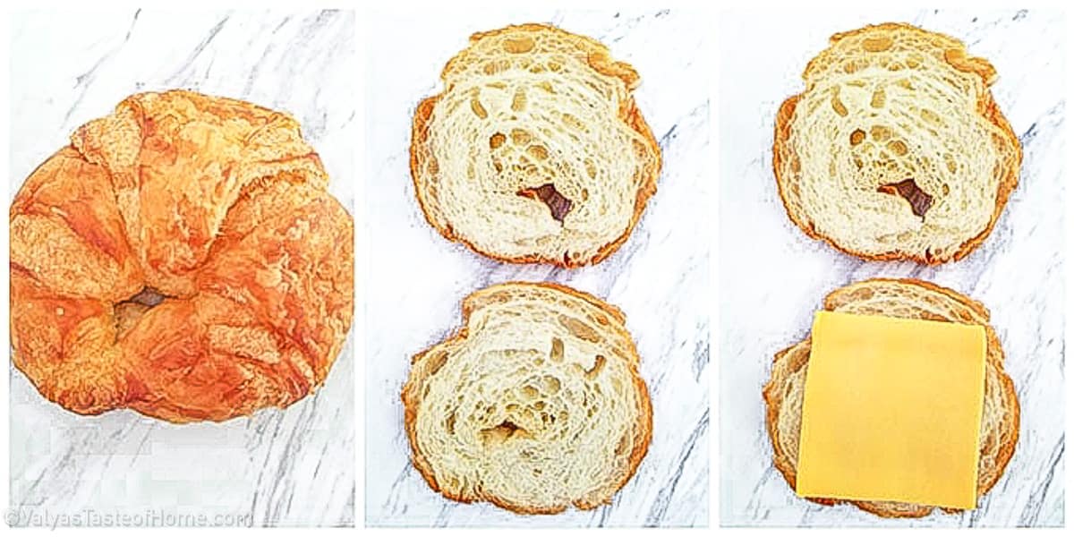 Place a slice of cheese on the bottom half of the croissant.