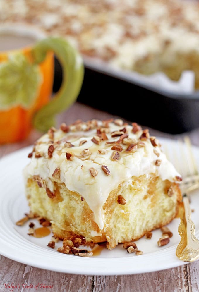 Pecan Caramel Pumpkin Rolls with Greek Yogurt Frosting