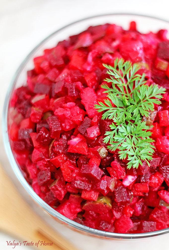This Vinaigrette Salad with Avocado Oil Dressing (Ukrainian Red Beet Salad) is very special to me. It brings back those sweet childhood memories when my mom used to make it for her family on holidays.