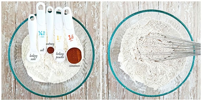 Measure out all dry ingredients, and mix them all together with a wire whisk.