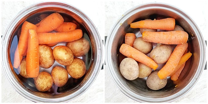 Let’s prep our potatoes and carrots first. Trim off stems, wash and place the potatoes and carrots into a small pot.