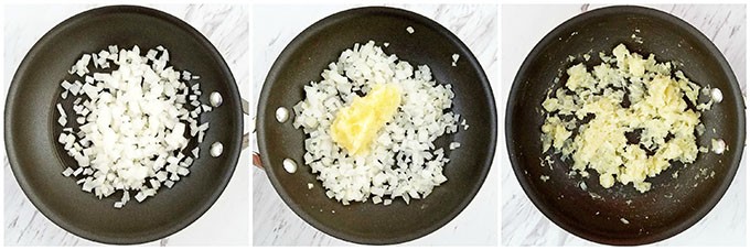 Chop onion and sauté on high temp for a few minutes, stirring constantly.