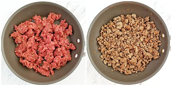 Brown seasoned ground beef on high. 