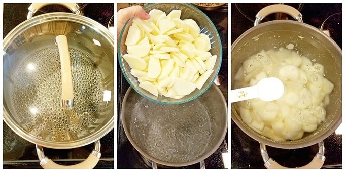 Bring it to a boil on high temp. Drain the water from the sliced potatoes and add them to the boiling water.