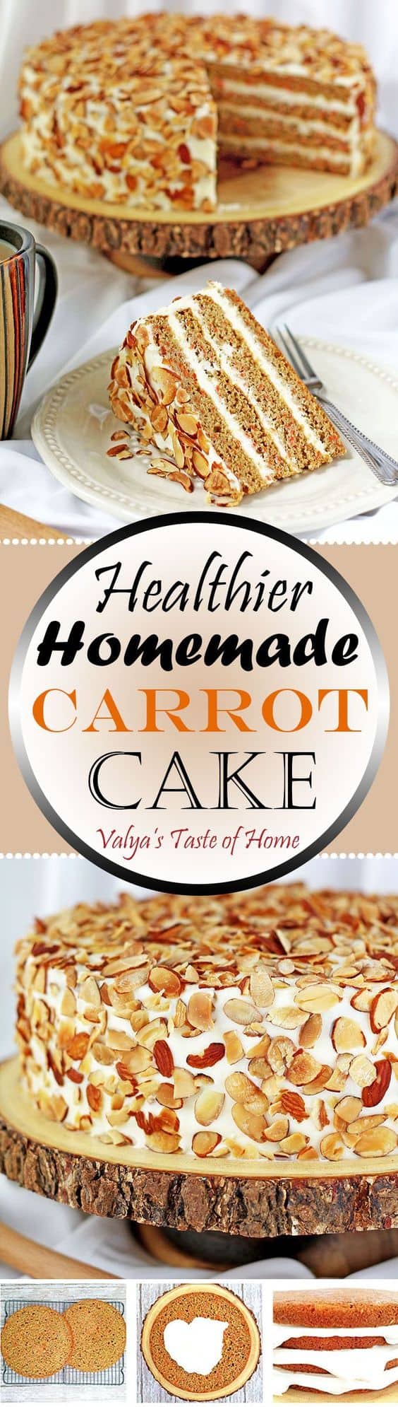 This Healthier Homemade Carrot Cake recipe is my very own made-up recipe; a baker's creation. The Greek yogurt adds that deliciously sour offsetting taste to the sweet buttercream frosting. Toasted almond chips finish that irresistible tasty slice of cake, which goes wonderfully with a cup of tea or coffee. #healthiercarrotcake #fallbaking #cleaneating #valyastasteofhome