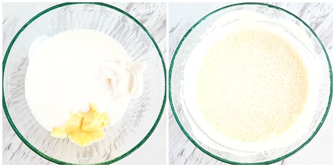 Combine buttermilk, homemade mayonnaise, and Greek yogurt in a medium bowl, whisking the ingredients for one minute.