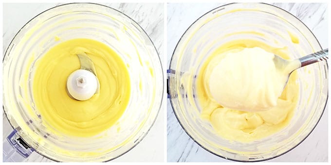 The mayonnaise consistency should be very thick and not fall off the spoon easily without a good shake.