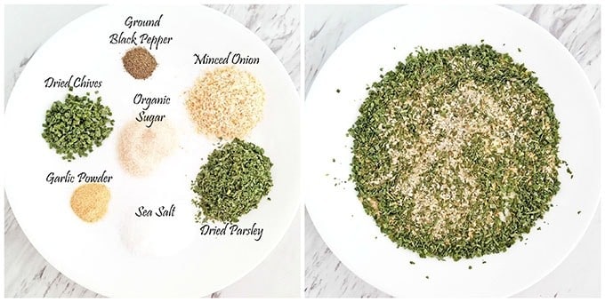 Measure out all the dry seasoning ingredients into a bowl: dried parsley, dried chives, minced dry onion, sugar, salt, garlic powder, and black pepper. 