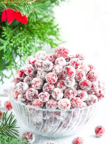 Sugared cranberries are candied cranberries coated with sugar syrup and dusted with sugar.