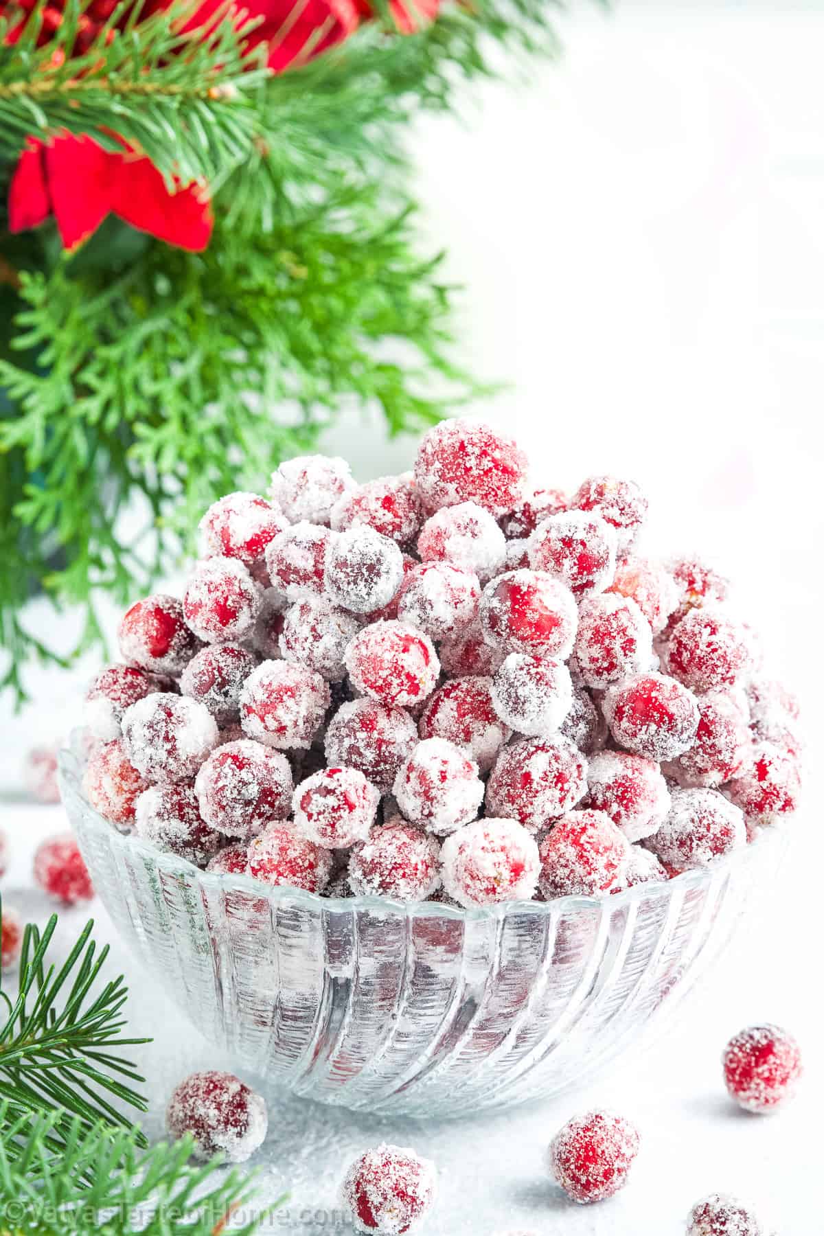 Sugared cranberries are candied cranberries coated with sugar syrup and dusted with sugar.