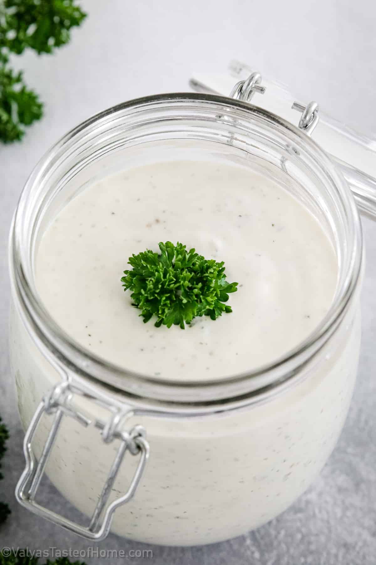 Ranch dressing is a popular condiment made from ingredients such as mayonnaise, buttermilk, garlic, and dried herbs.