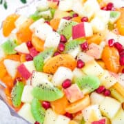 This recipe usually includes a vibrant mix of fruits like pears, apples, oranges, kiwi, and pomegranate seeds. The fruits are tossed in a homemade dressing, which is often a blend of citrus juices and sweeteners like honey or maple syrup.