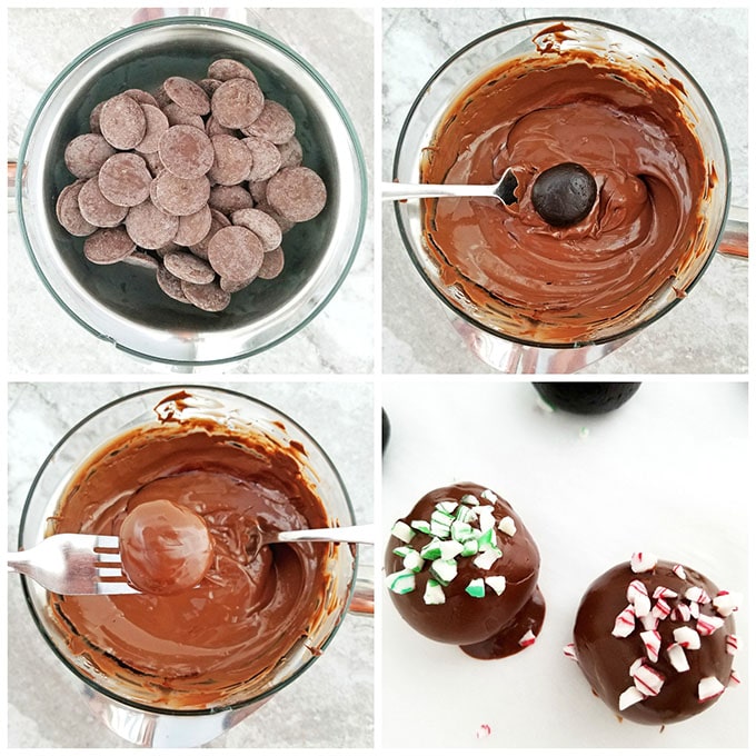 Take the Oreo cookie balls out of the fridge and dip one sphere at a time into the chocolate using a fork.
