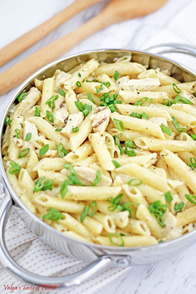 This Creamy Garlic Chicken Pasta is fairly quick to produce if you use frozen, ready-cooked chicken strips. If you prefer to prepare your own chicken, it should be done before you begin this recipe. 