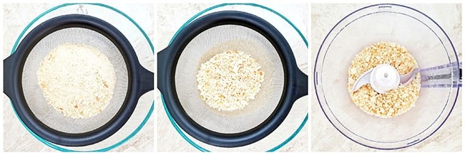 Sift crushed bread crumbs through a sifter to catch larger pieces for crushing again and transfer them back into the food processor.