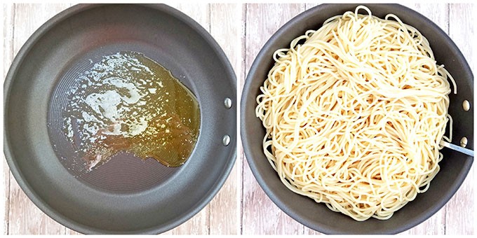 Melt butter in a large skillet, and then add cooked pasta and coat it with the melted butter by stirring it several times.