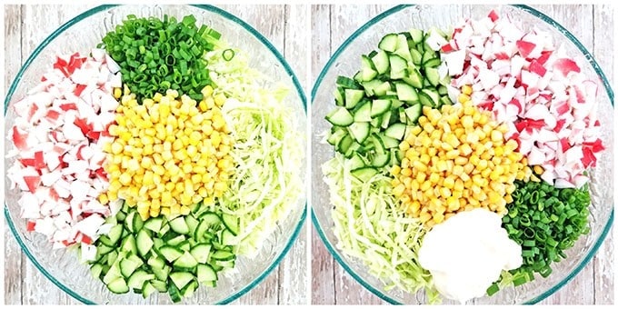 Add mayonnaise and mix gently to avoid mashing the vegetables and releasing juice, which makes the salad watery.
