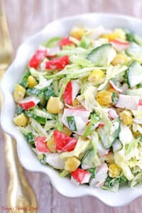 This easy Crab Salad is made of crab meat, mixed with delicious, chopped veggies, and all tossed in a creamy mayonnaise dressing. Learn how to make it here!