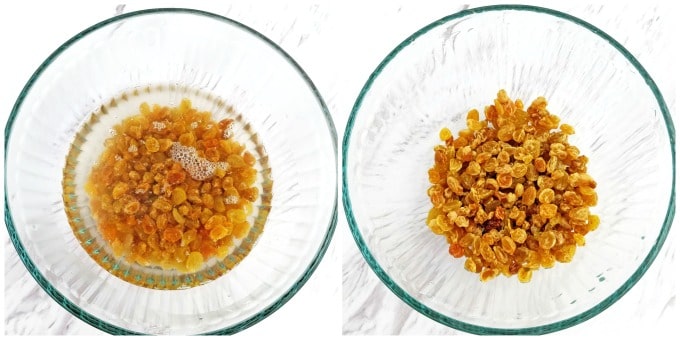 pour hot water into a large bowl with the raisins and let them soak for 15 minutes.