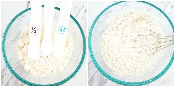 measure out the organic all-purpose flour and mix in the baking soda, baking powder, and sea salt using a hand whisker