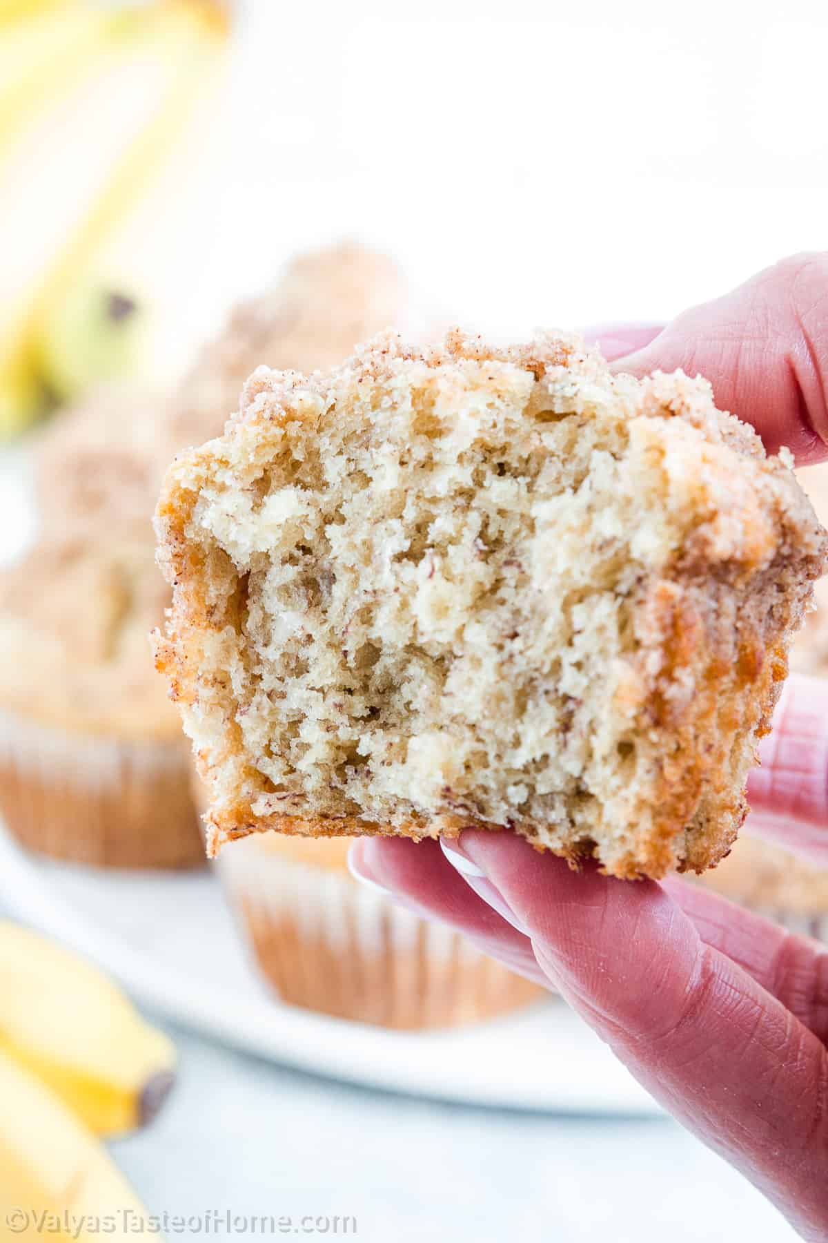 With their perfect moist, fluffy texture, rich banana flavor, and delicious streusel topping, they're ideal for breakfast, a lunchbox treat, or a warm dessert paired with a scoop of ice cream.