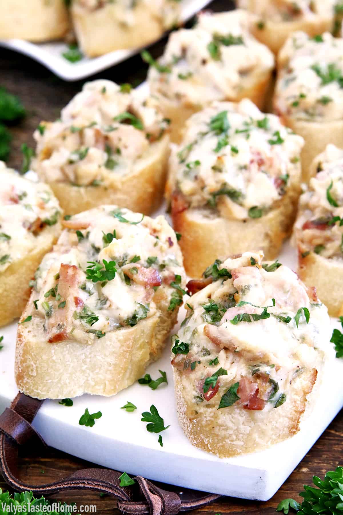 These Chicken Bacon Alfredo Canapés Appetizers are absolutely delicious served warm. These appetizers are so hearty and filling it also eats like a meal. You may turn it into a fantastic meal by adding a good homemade Caesar salad for an easy, light, and perfect lunch.