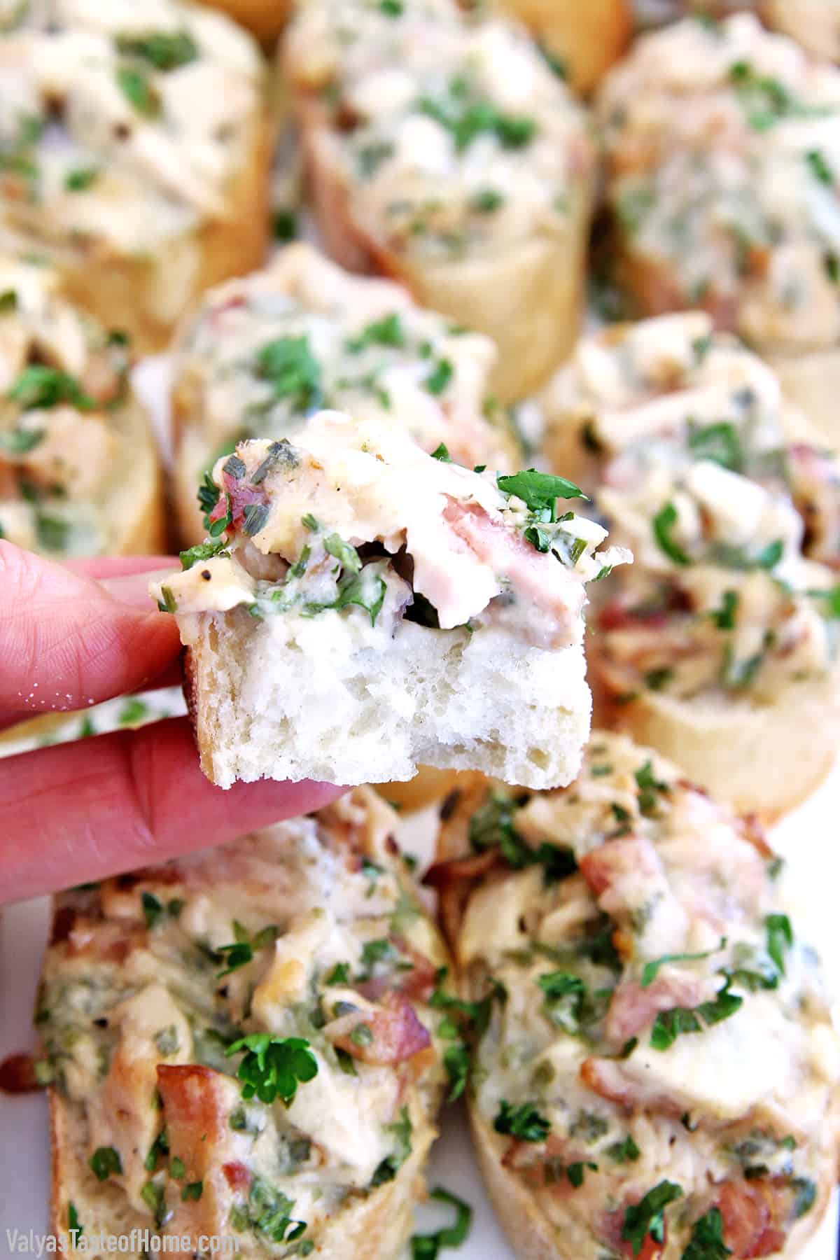 These Chicken Bacon Alfredo Canapés Appetizers are absolutely delicious served warm. These appetizers are so hearty and filling it also eats like a meal. You may turn it into a fantastic meal by adding a good homemade Caesar salad for an easy, light, and perfect lunch.
