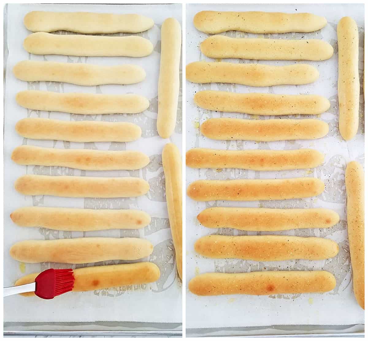 Remove from the oven, and immediately brush each breadstick with melted butter and sprinkle with garlic salt or garlic powder.