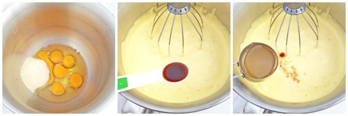 Beat together eggs and sugar for 10 minutes on high speed or until the mixture is thick and fluffy.