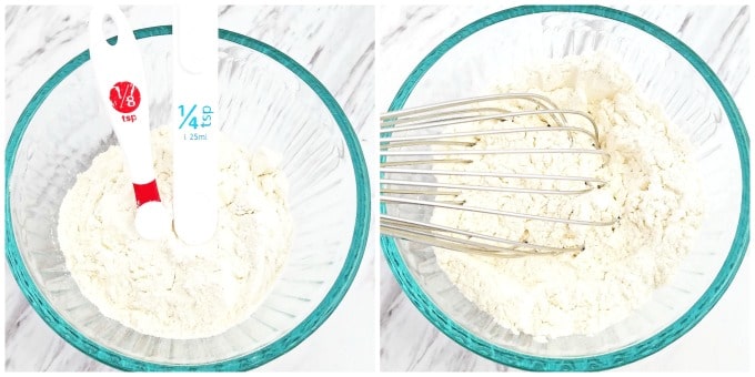 Start by combining sifted flour, salt, and baking powder in a bowl and set it aside.