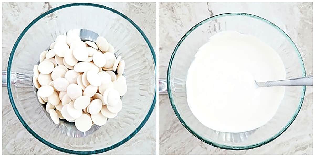 Melt white chocolate disks in a medium bowl over a pot of boiling water.