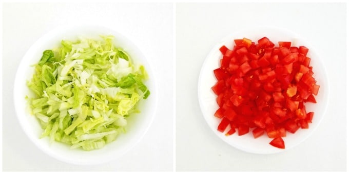 Dice tomatoes and shred lettuce and set aside until ready for use.