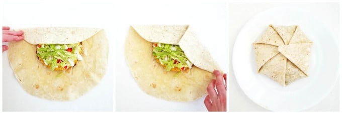 Fold a tortilla flap over the top, then fold the rest of the edges up and over the left fold towards the center.