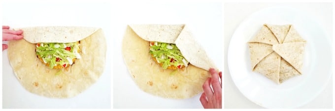 Fold a tortilla flap over the top, then fold the rest of the edges up and over the left fold towards the center.