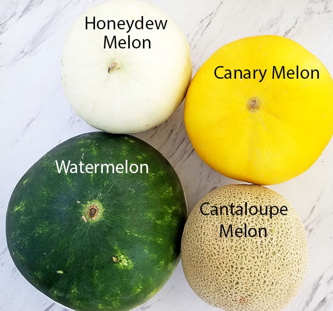 Melon Fruit Salad with Honey Lime and Watermelon Juice Dressing