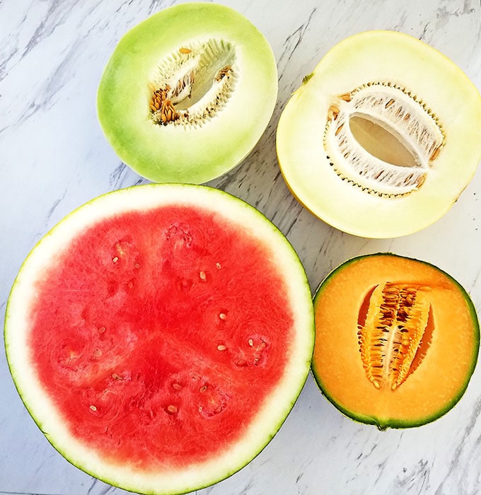 Melon Fruit Salad with Honey Lime and Watermelon Juice Dressing